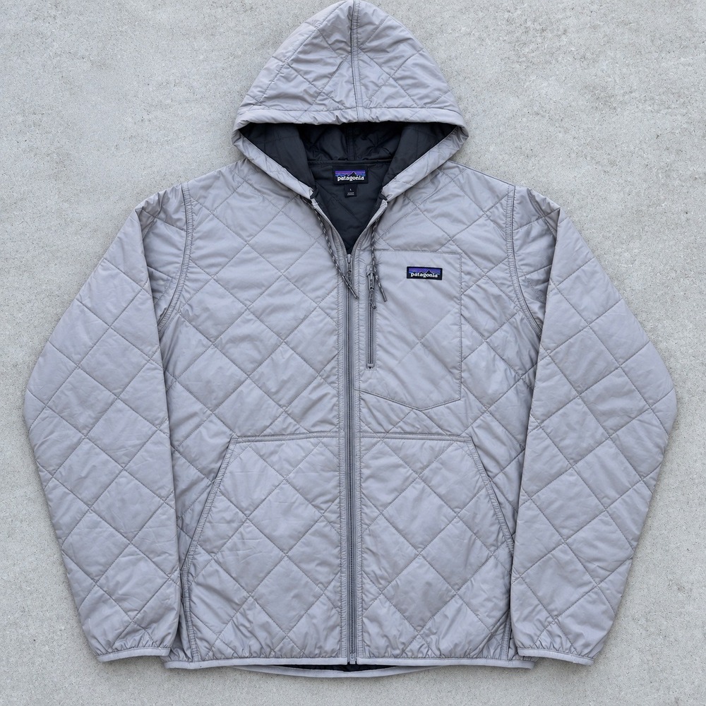 Patagonia Diamond Quilted Bomber Hoody Jacket Grey Large Full Zip Hooded